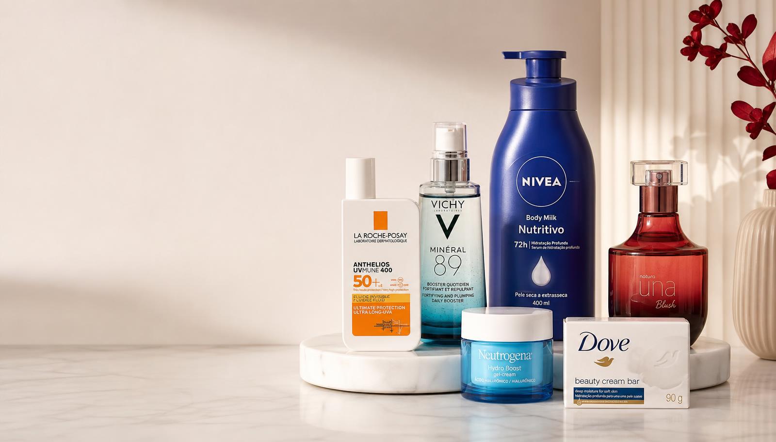Sérum, creme facial, perfume e sabonete em bandeja de mármore